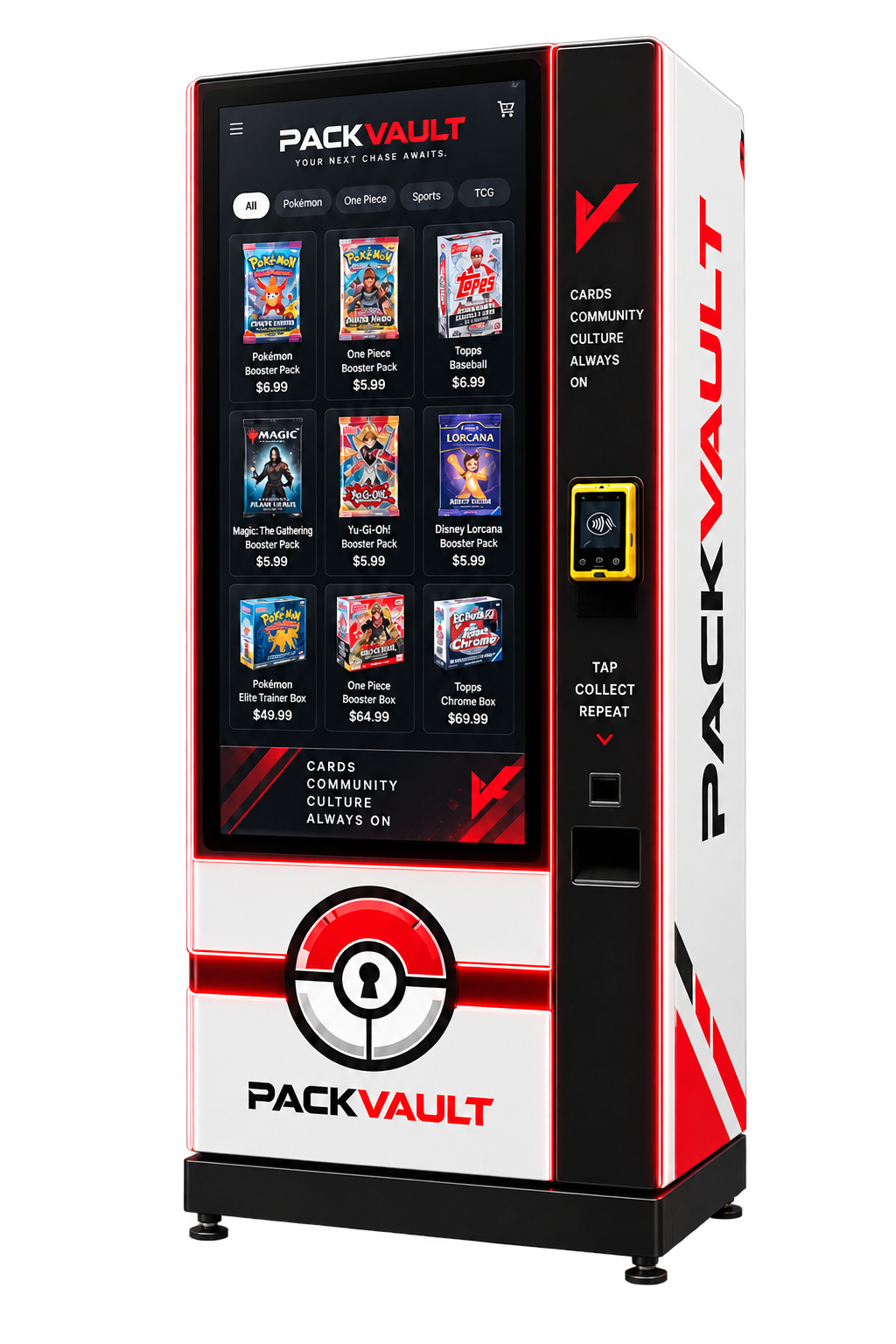 Red, white and black PackVault freestanding trading card vending machine